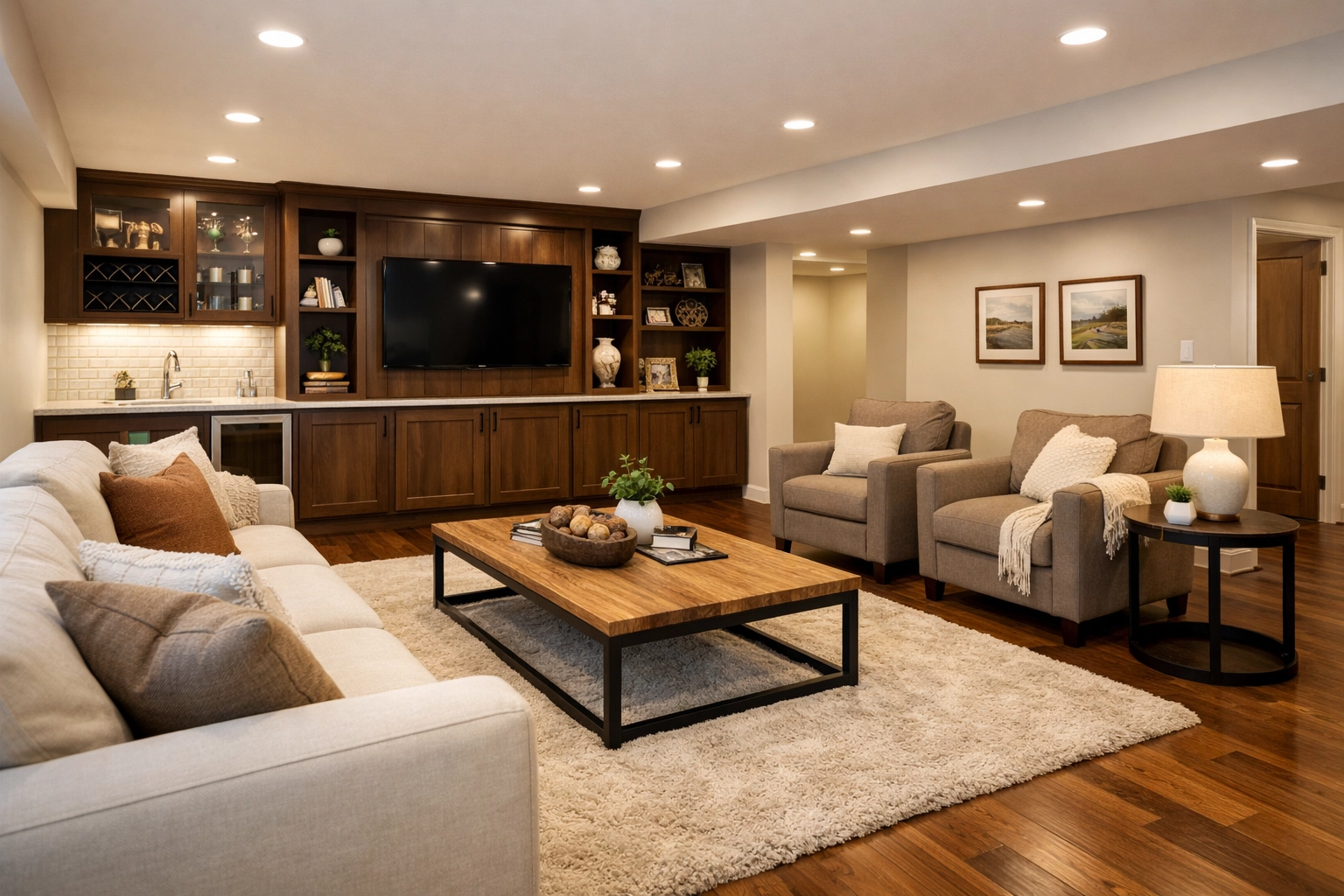 Professional basement finishing in a Greater Columbus home with modern walnut flooring and recessed lighting.