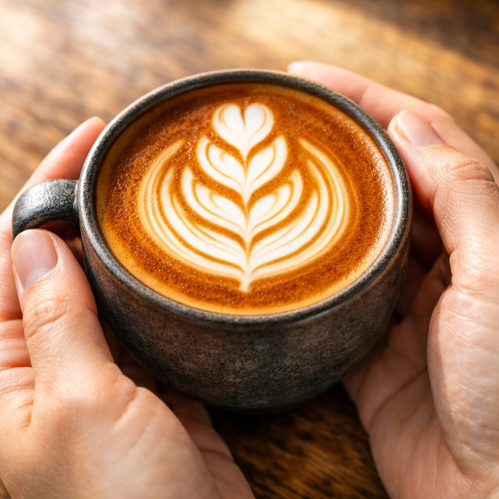 A perfectly poured specialty coffee flat white with tulip latte art in a ceramic cup.
