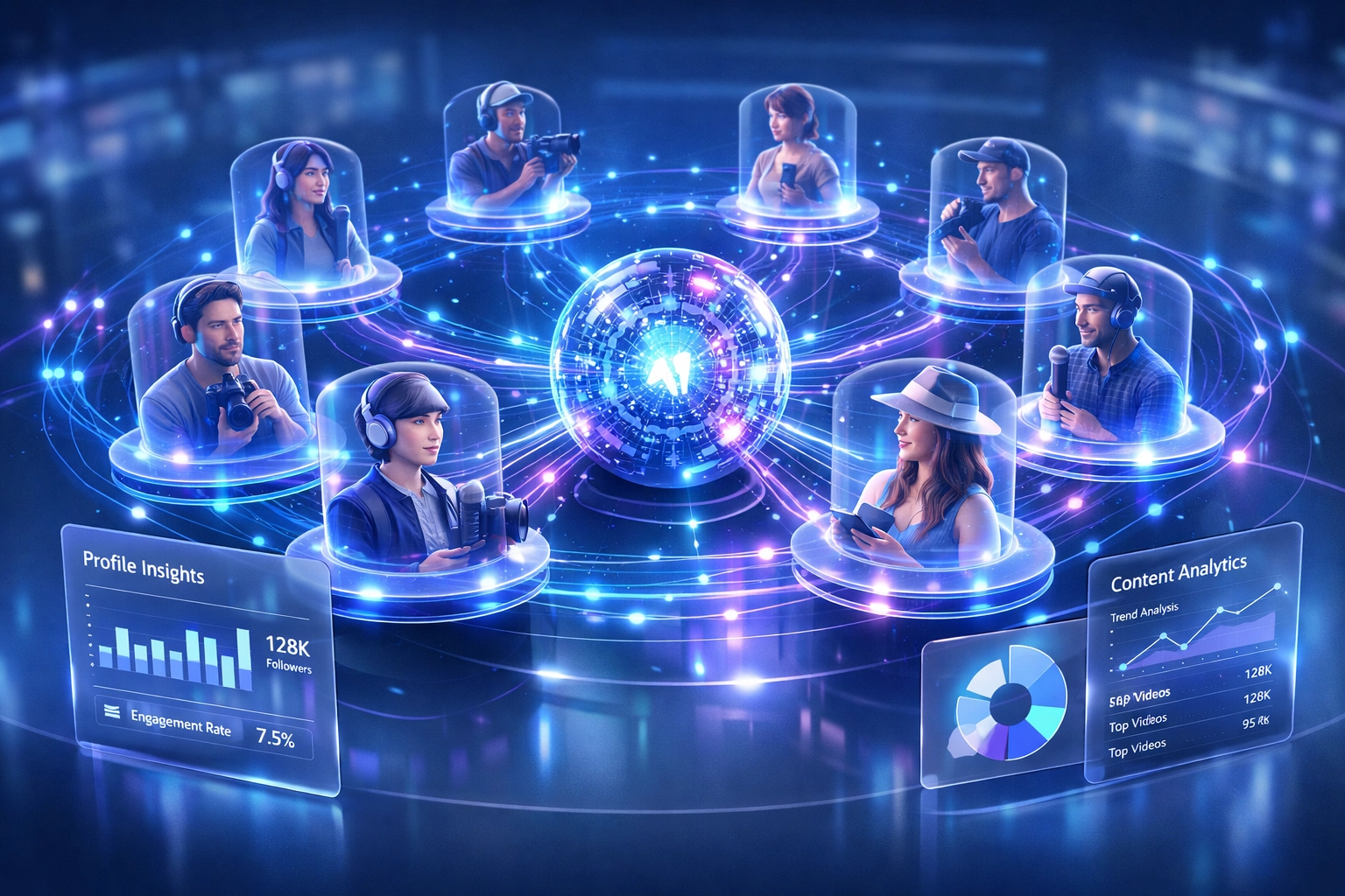 AI neural network analyzing influencer profiles with real-time creator analytics dashboard
