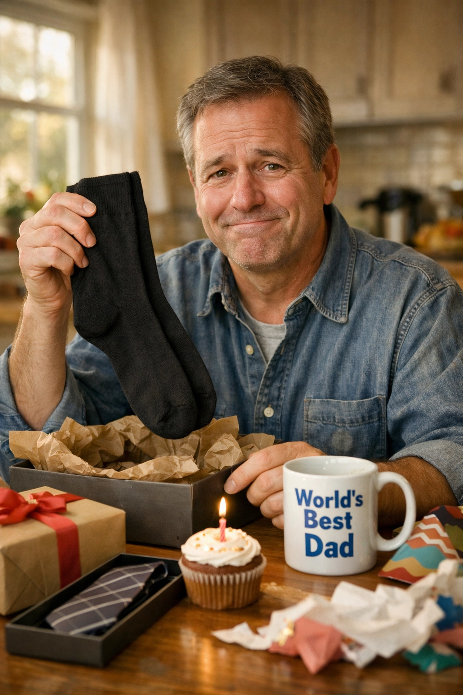 Man receiving disappointing generic 50th birthday gifts like socks and boring mug