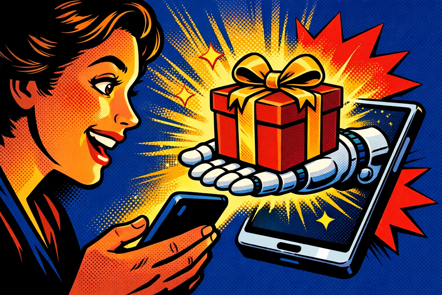 A customer receiving a personalized gift from a robot hand to automate customer support with AI.