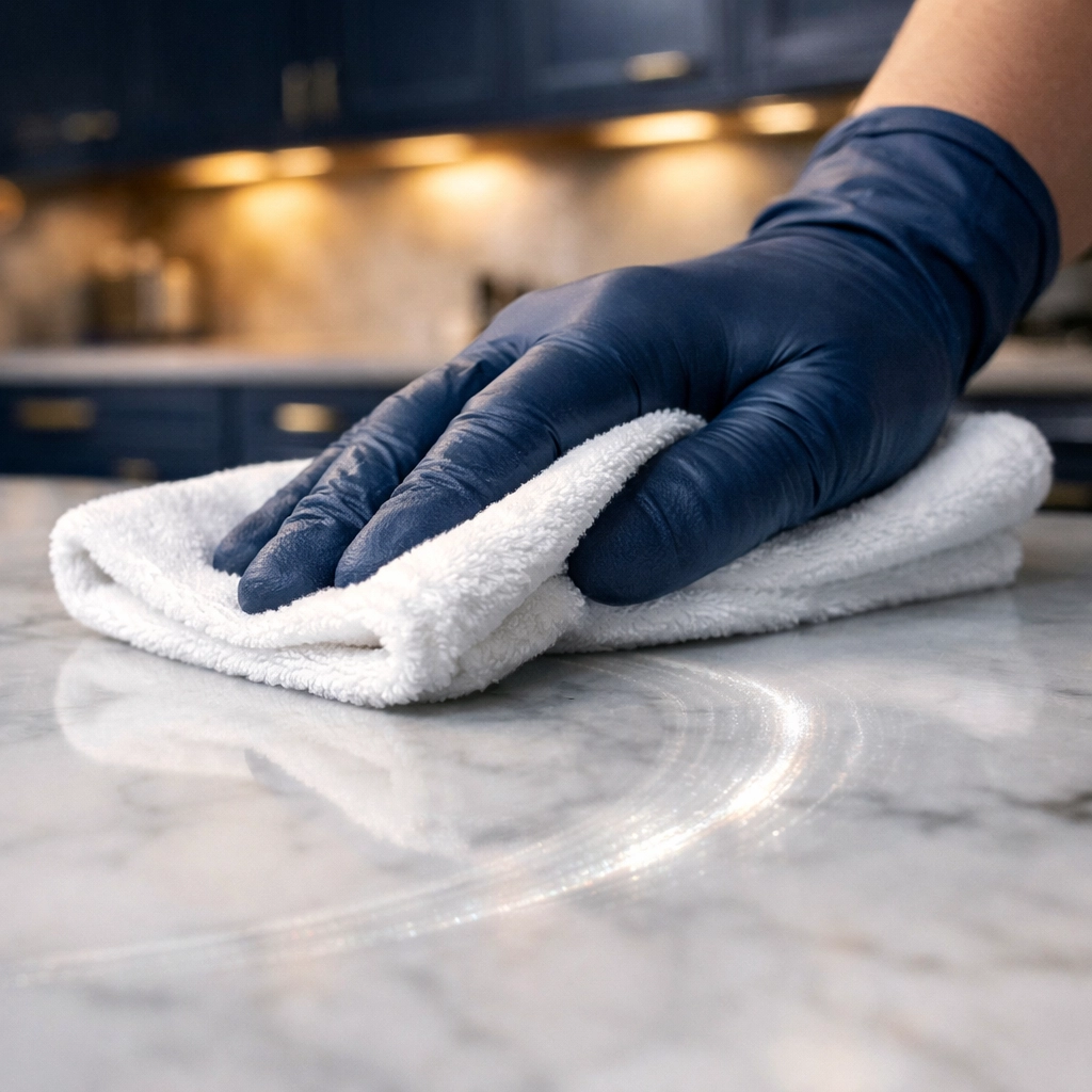 Professional deep cleaning of a white marble countertop with a microfiber cloth to enhance focus and calm.
