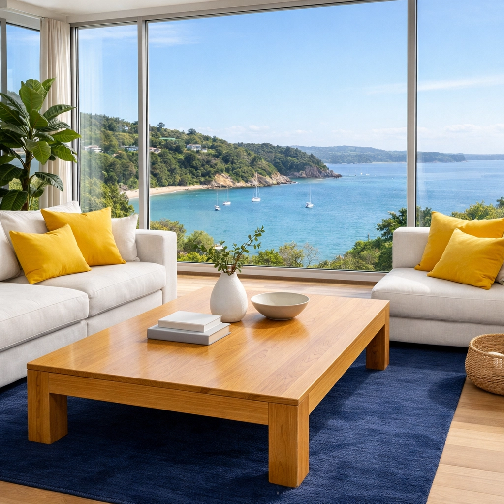 Eco-friendly living room cleaning in a Buzzards Bay home with a coastal view.