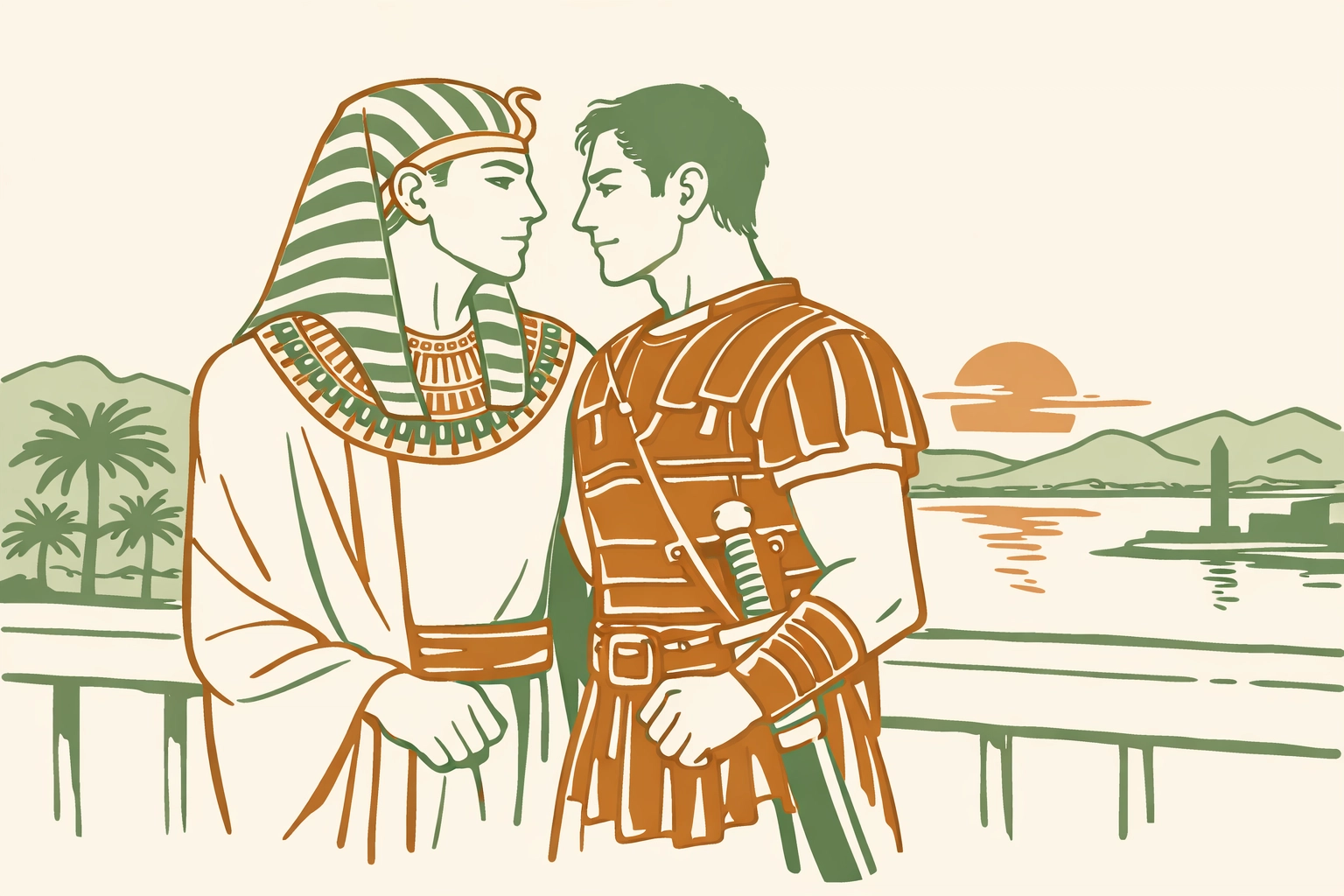 Pharaoh and military commander on palace balcony in character-driven MM romance scene