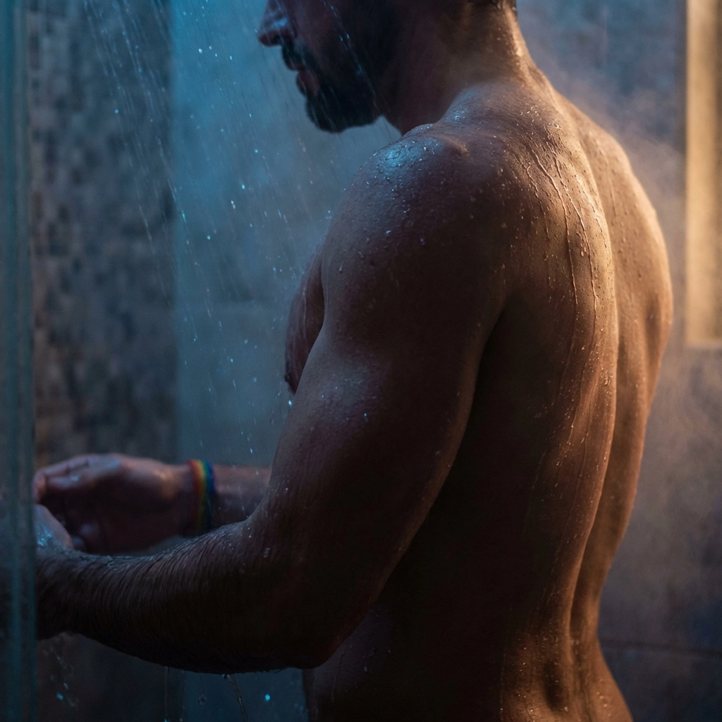 Athlete in post-game shower - MM romance tension and vulnerability moment