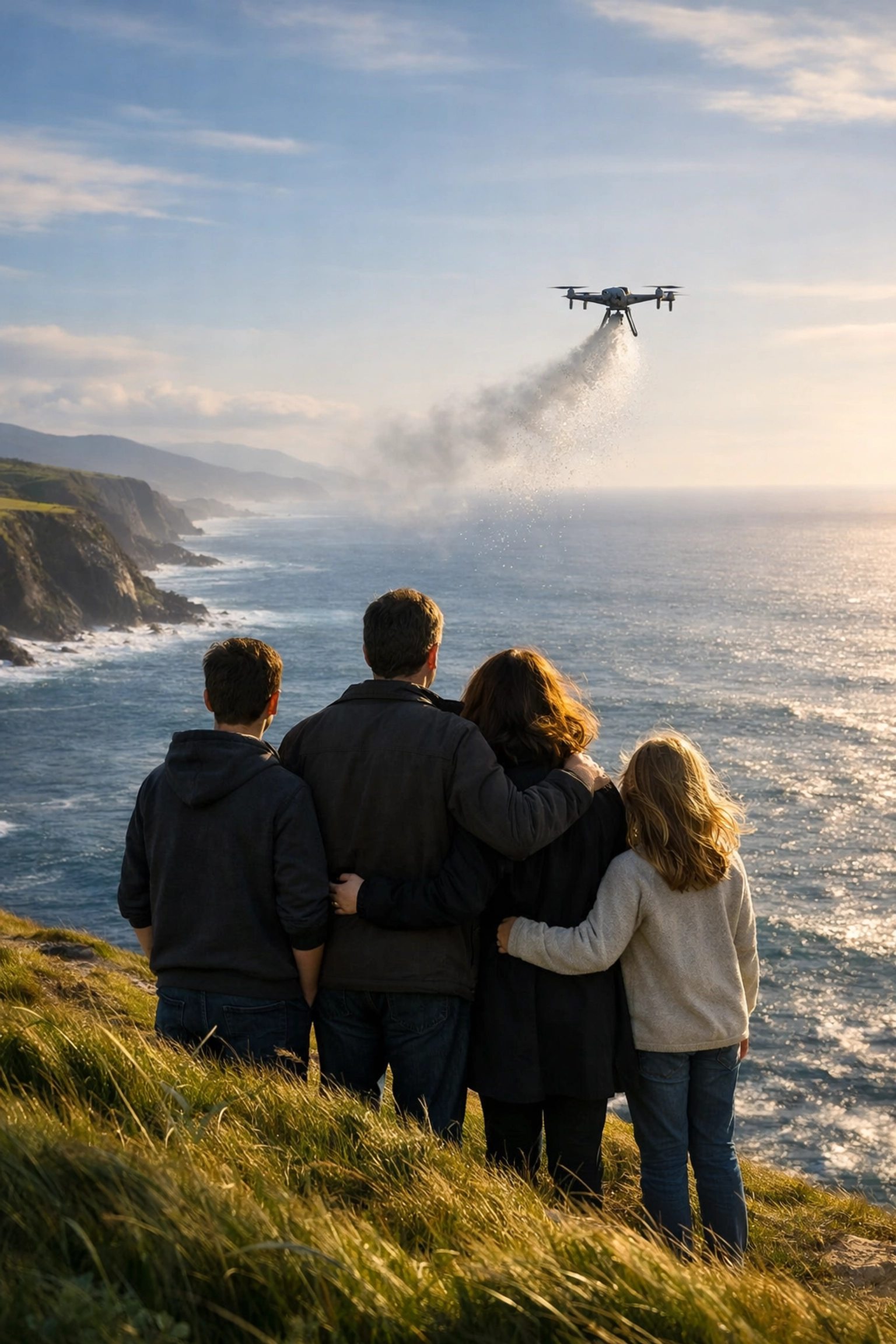 Peaceful cremation ashes scattering by drone over the sea with a family watching from a clifftop.