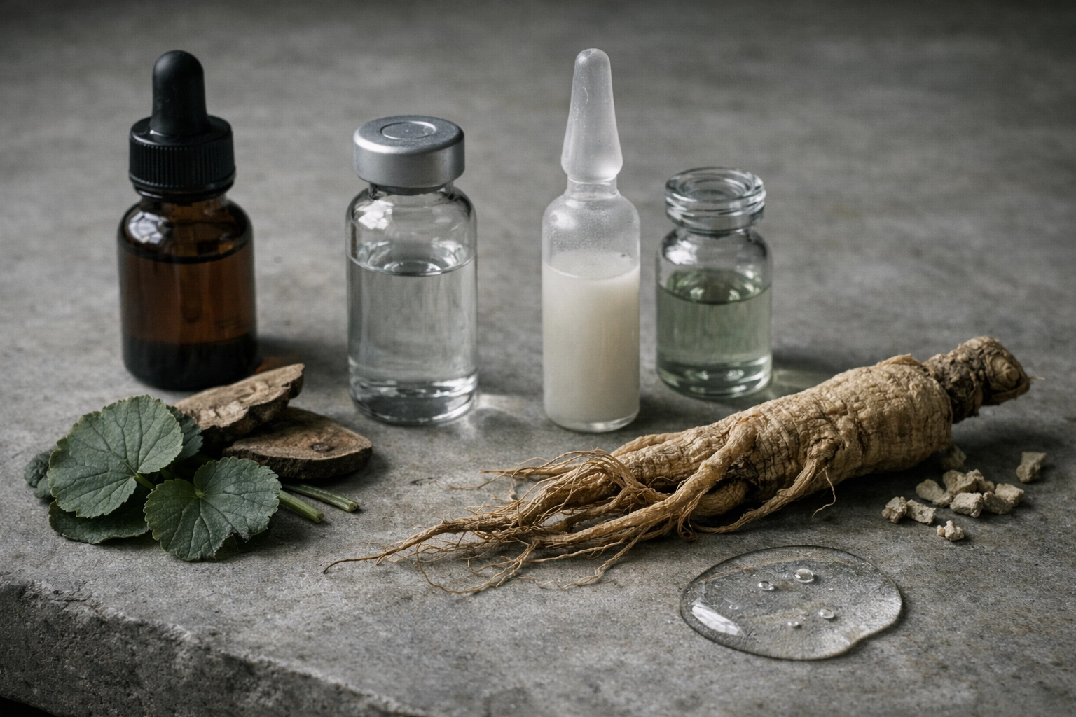 Clinical still-life of K-beauty skincare vials and natural ingredients like ginseng root.