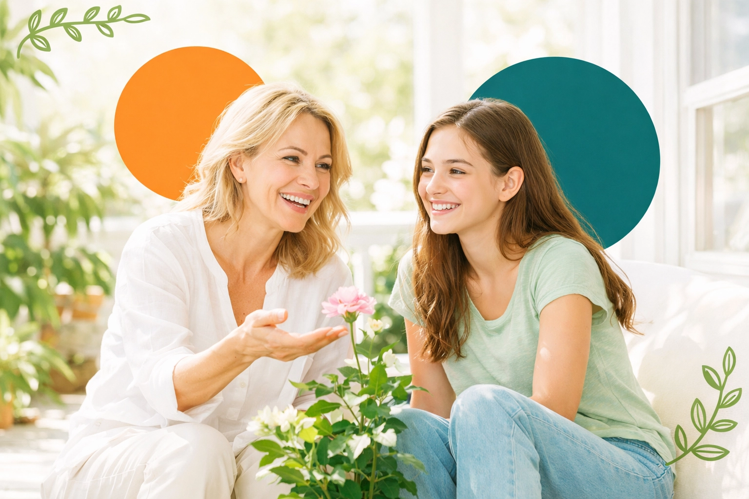 Mother and teenage daughter discussing growth and God's design for puberty on a sunlit porch.