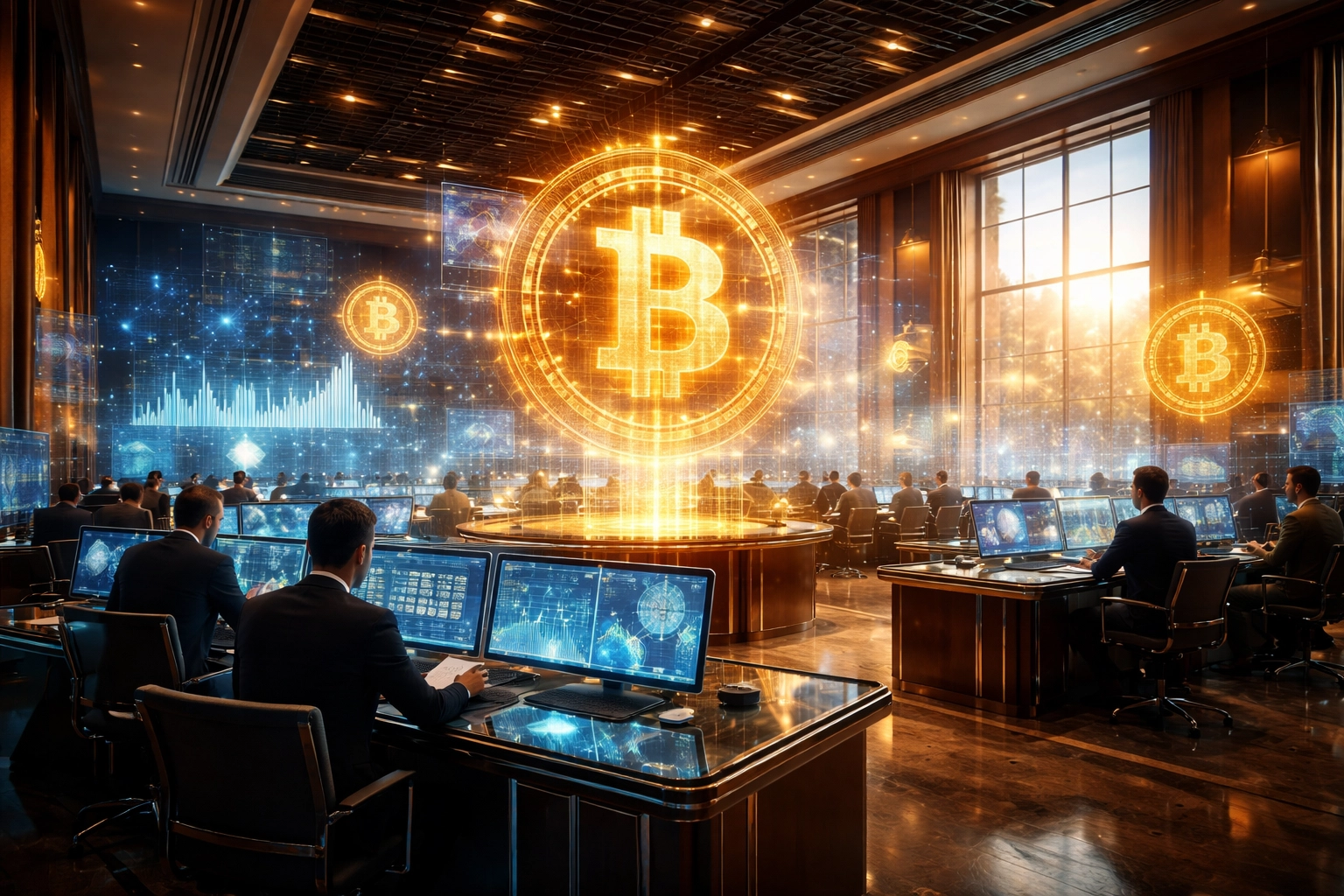 Futuristic trading floor highlighting Bitcoin and digital assets integration in a diversified accredited investor portfolio.