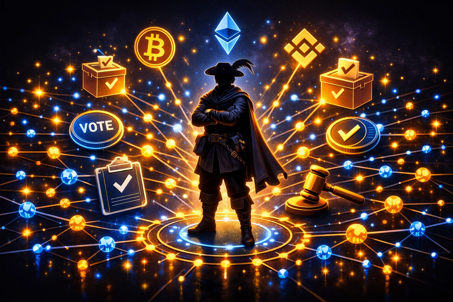 Decentralized crypto payment network showing merchant independence and DAO governance