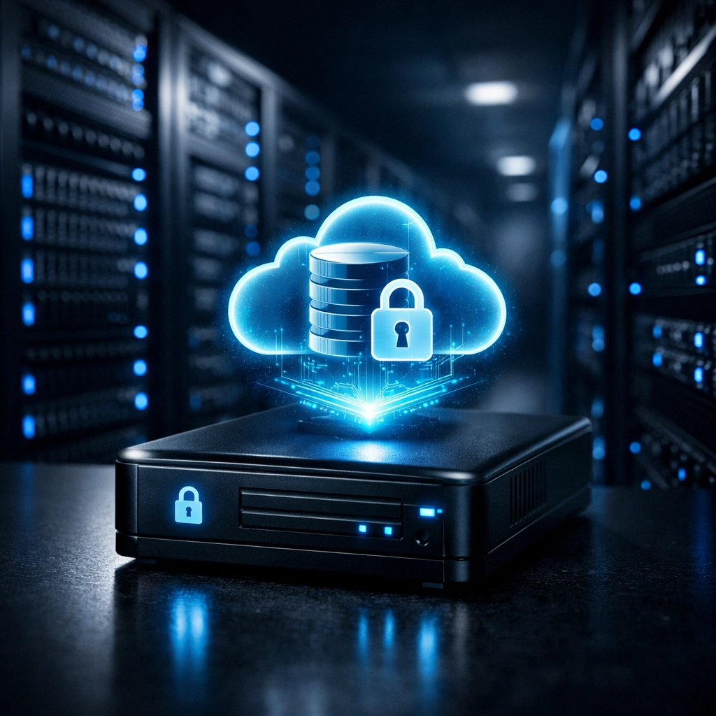 Modern data center server room with backup storage systems for video surveillance footage