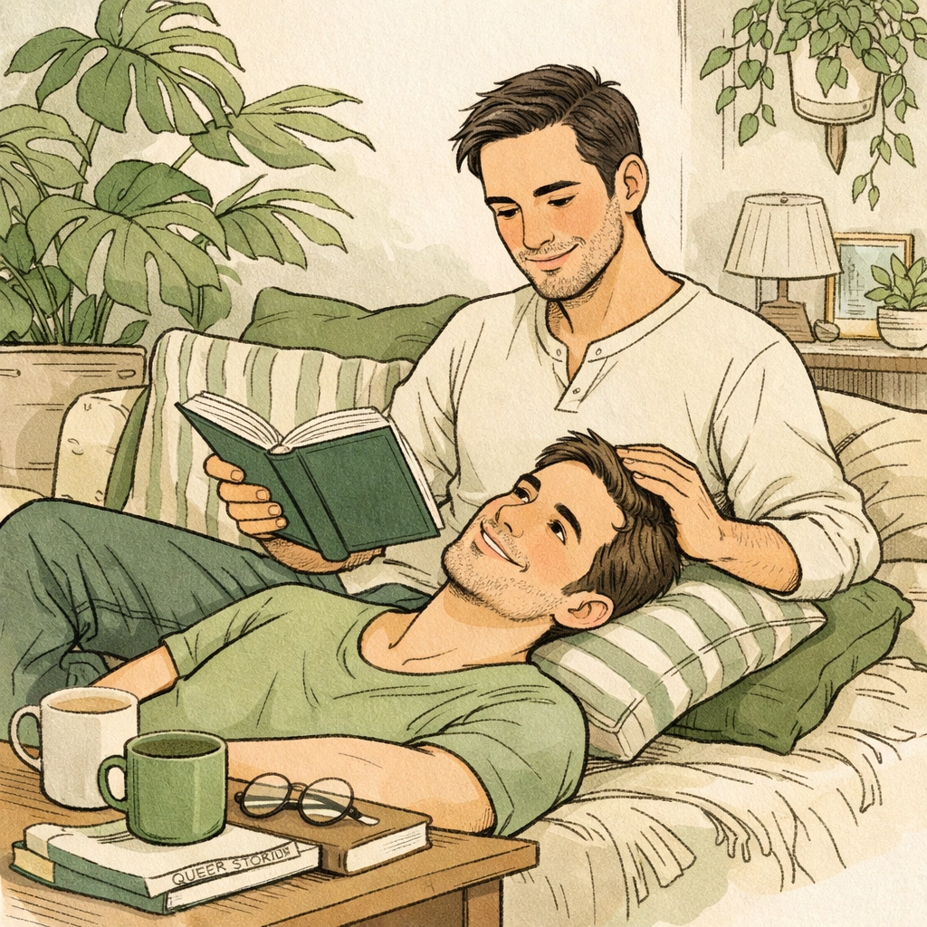 An MM couple reading together indoors, capturing the essence of authentic gay romance novels.