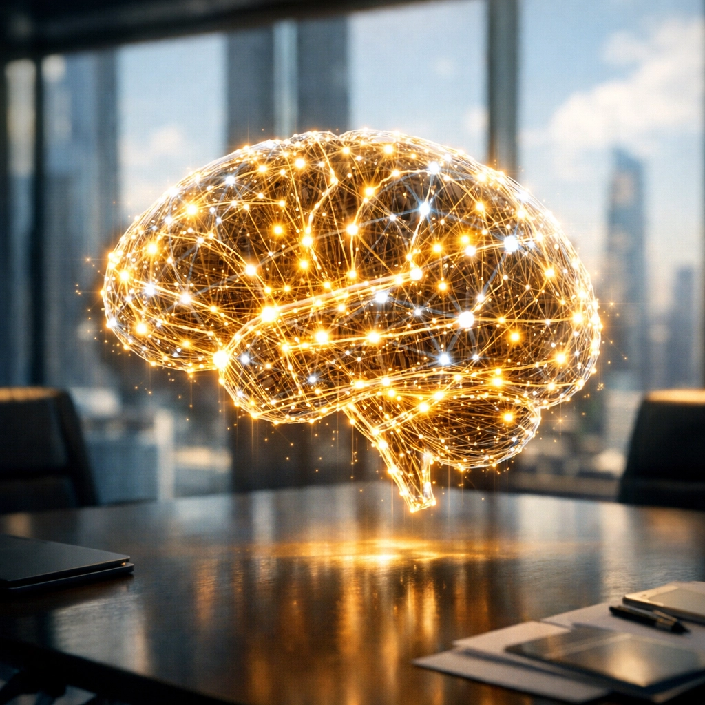 Symbolische Darstellung von KI für KMU als vernetztes Gehirn in einem modernen Büro.
