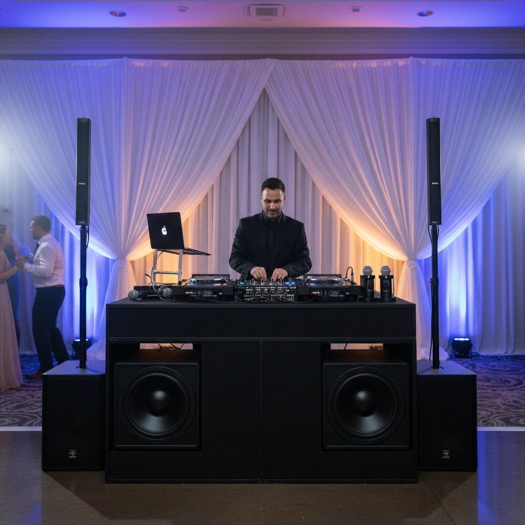 DJ playing music at a party with colorful drapes in the background. People are dancing on the left. Mood is lively and festive.