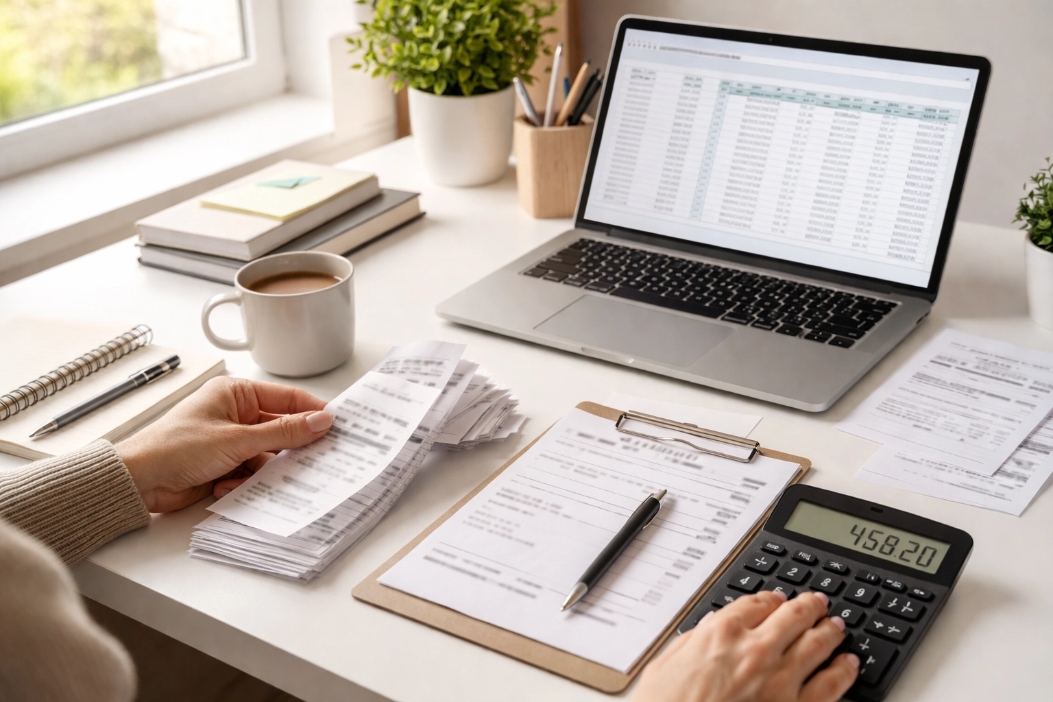 Home office workspace with organized financial documents, supporting IRS business classification for tax purposes