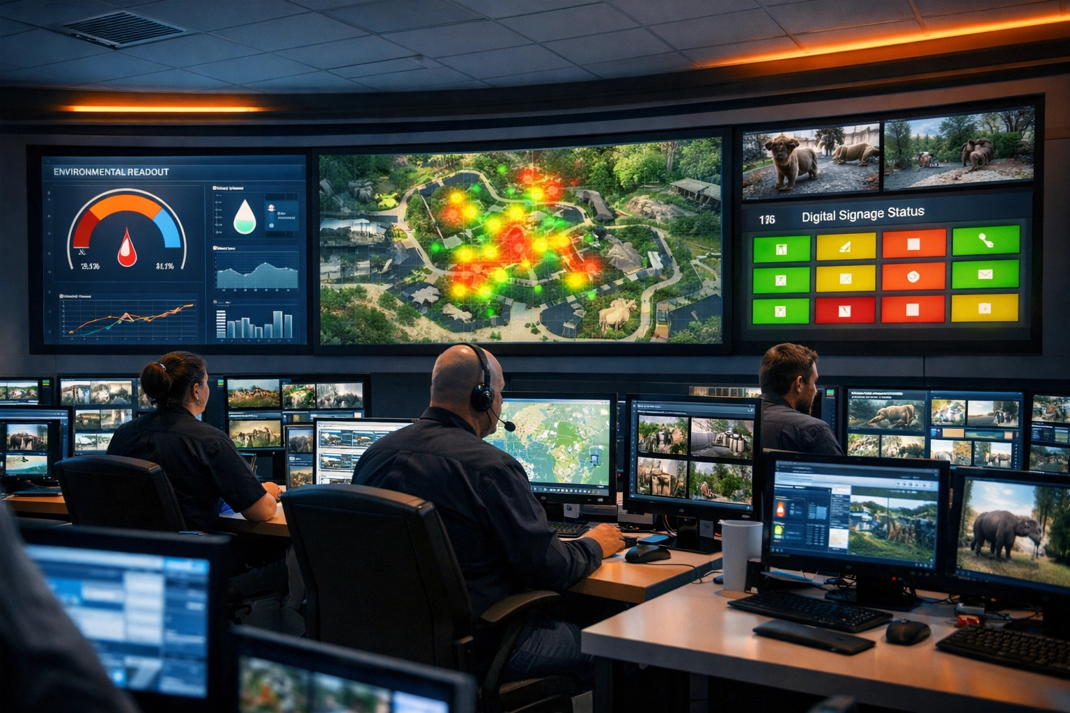Modern zoo operations center using data analytics and IoT sensors for habitat monitoring.