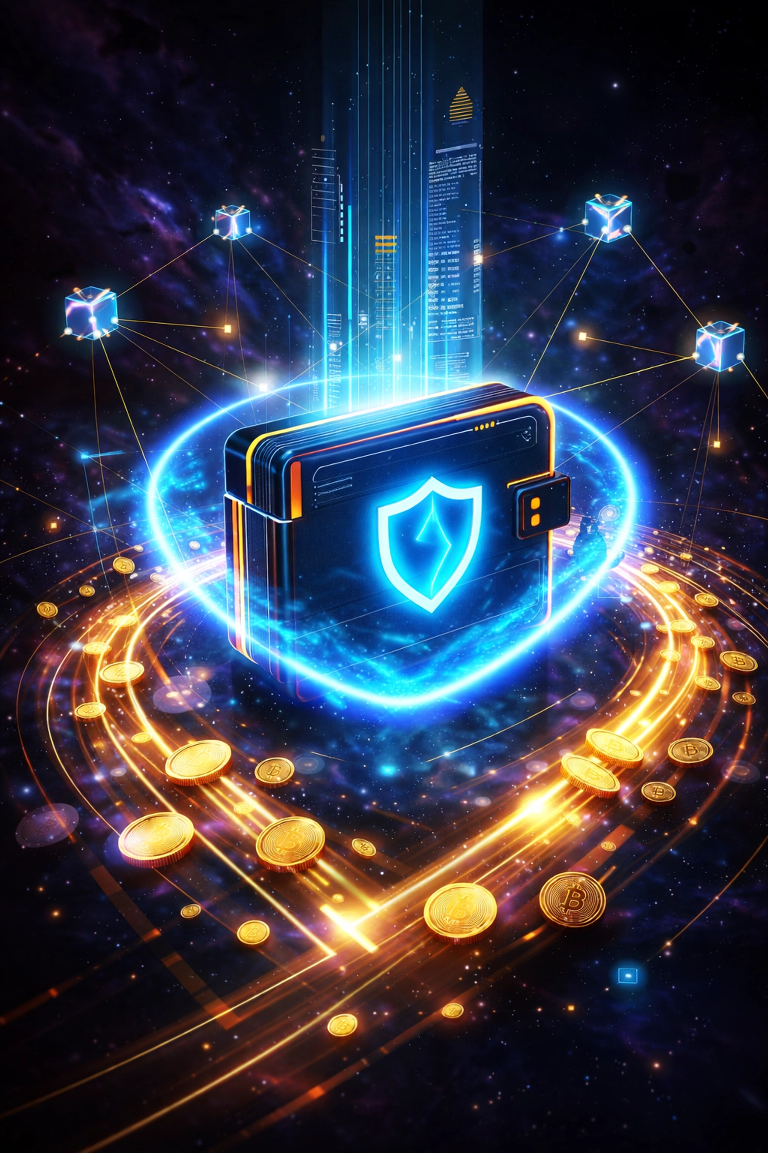 Glowing digital wallet in space with blockchain nodes and coins, representing Larecoin self-custody and secure crypto payments.