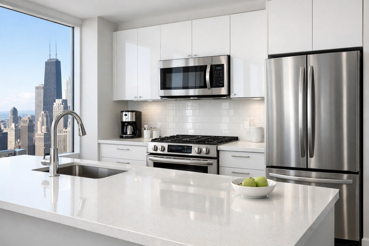 Pristine Chicago apartment kitchen after a professional move-out cleaning service turn.