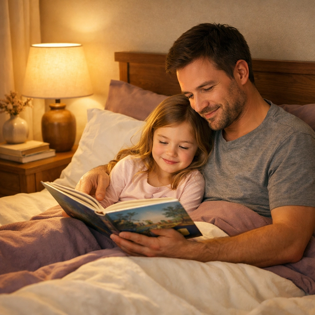 Father and daughter reading together at bedtime, a family connection ritual