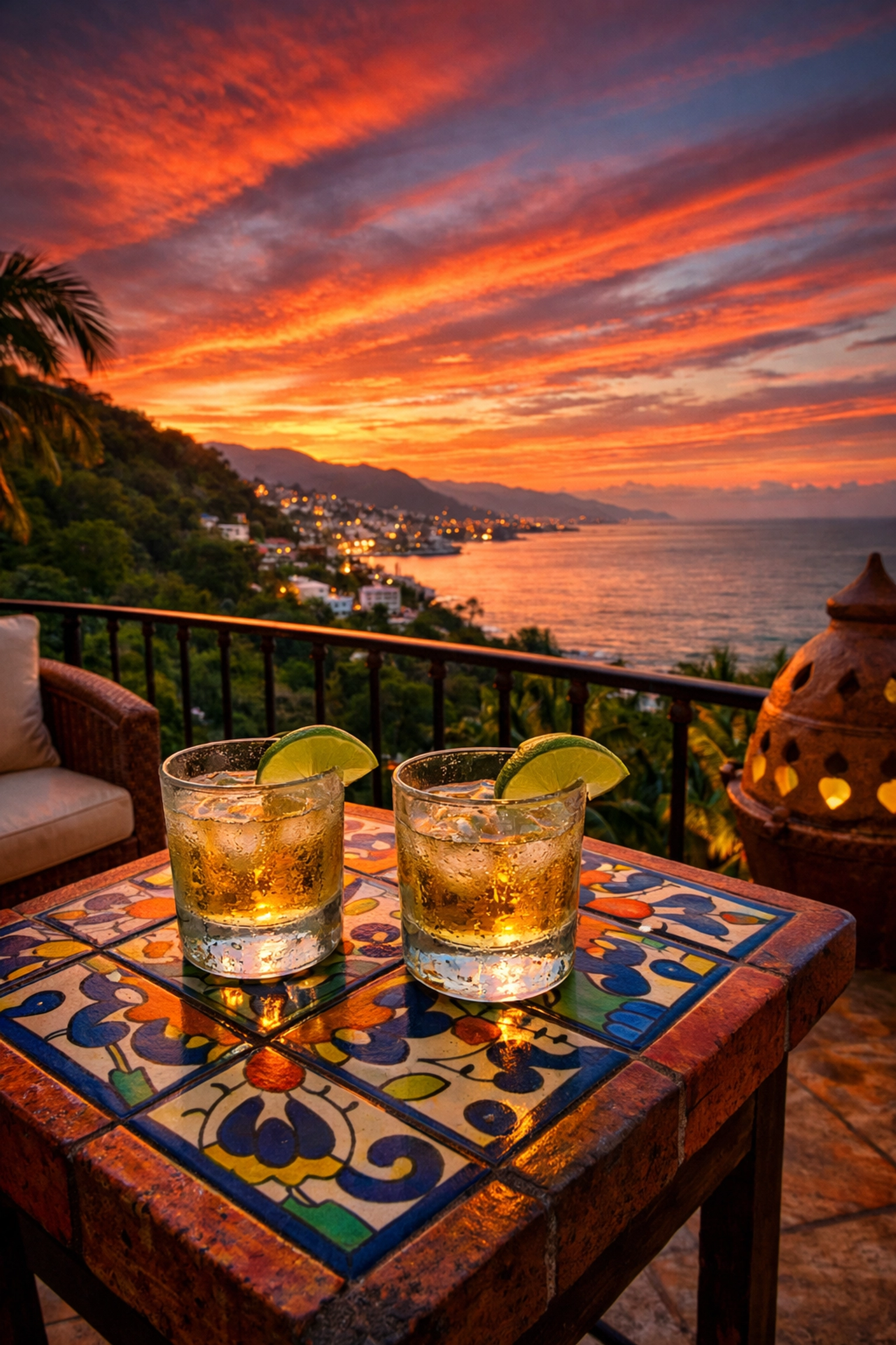 Stunning sunset view from a private Amapas terrace, ideal for secluded stays and romantic evenings.