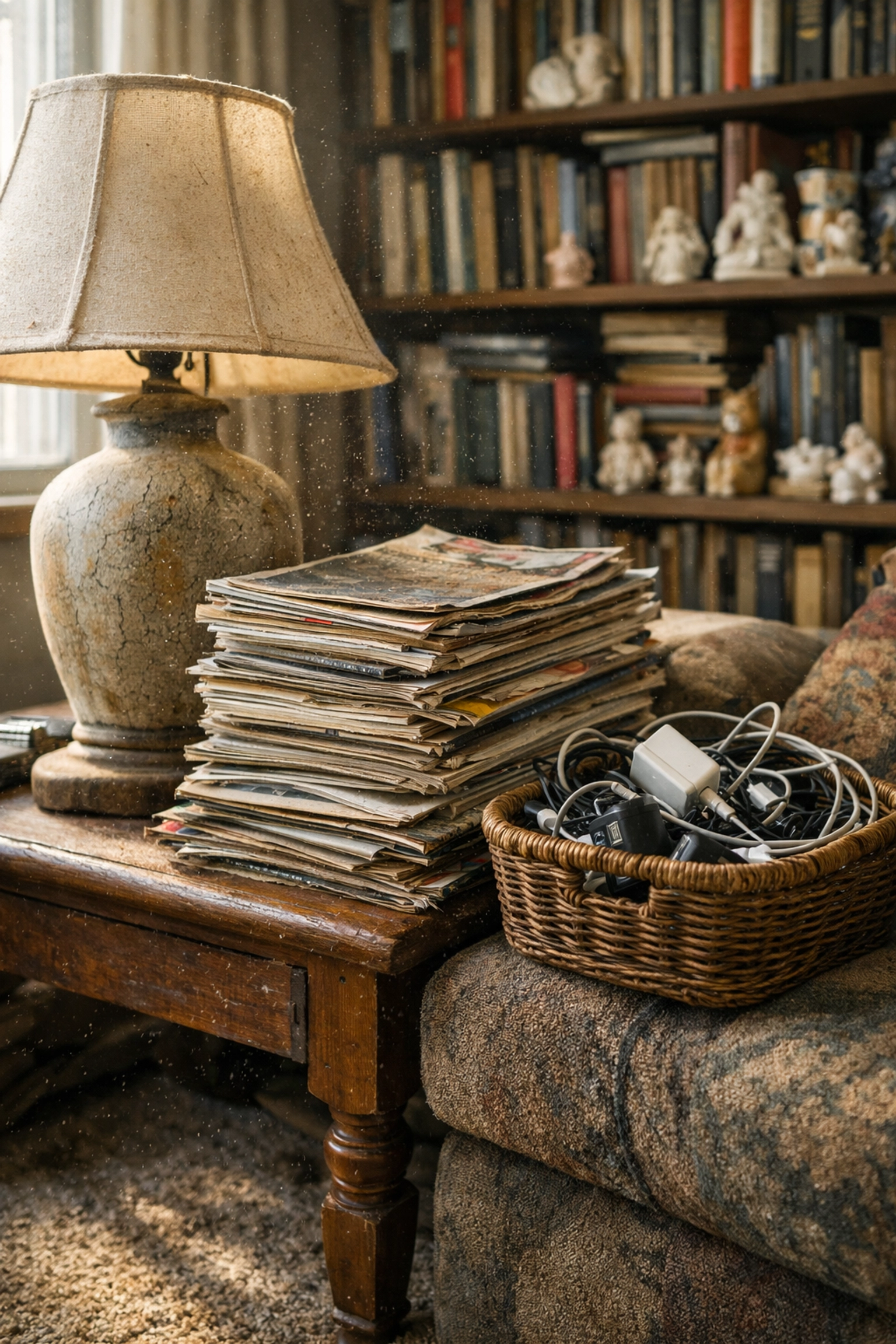 Cluttered living room corner highlighting the challenges of trying to sell house as is Nashville to retail buyers.