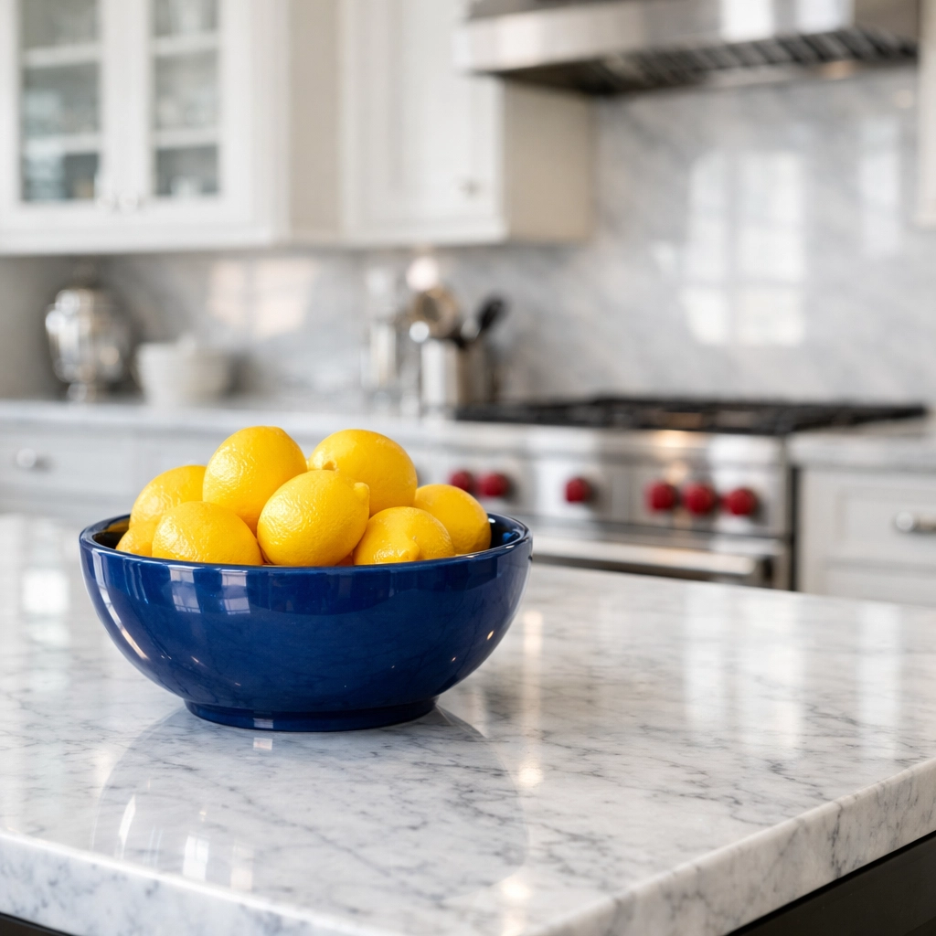 Spotless marble kitchen island in a Harwich home showing streak-free professional cleaning results.