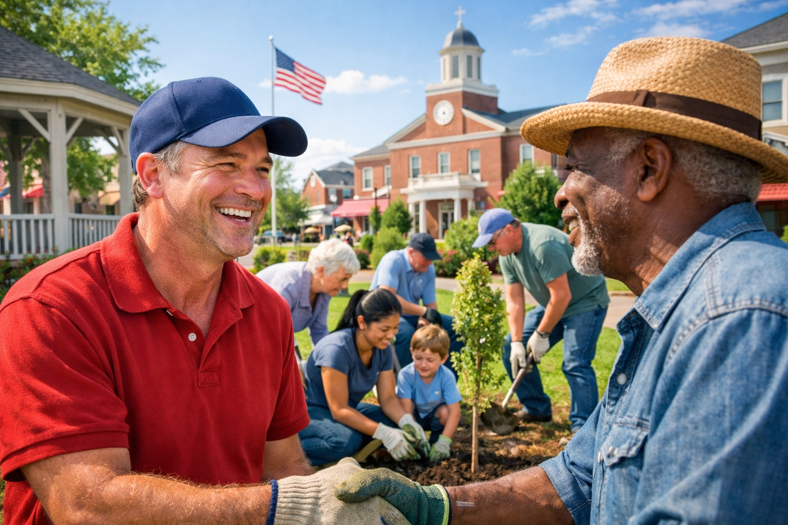 Diverse volunteers working together on a community project to promote unity and active citizenship.