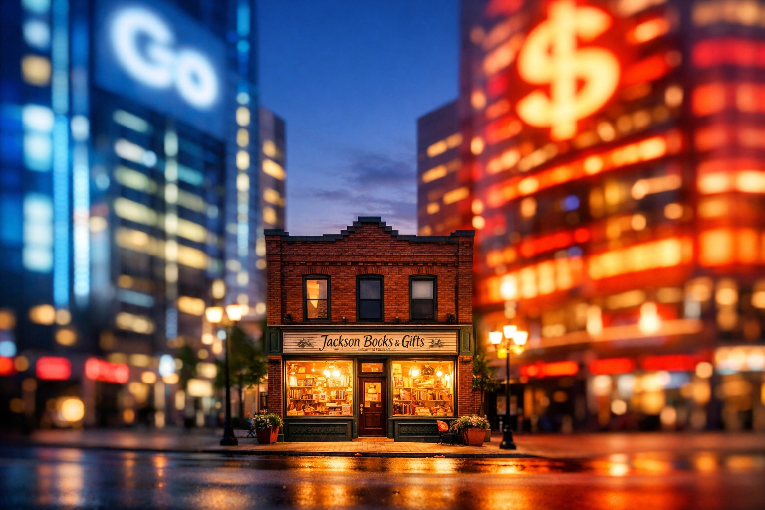 Historic local storefront in Jackson Michigan overshadowed by large glowing digital advertising structures.