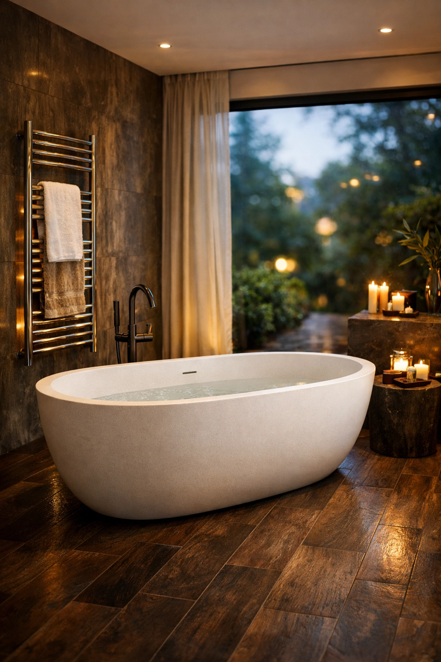 Luxury bathroom sanctuary with a freestanding bathtub and wood-effect tiles, adding value to a Chichester home.
