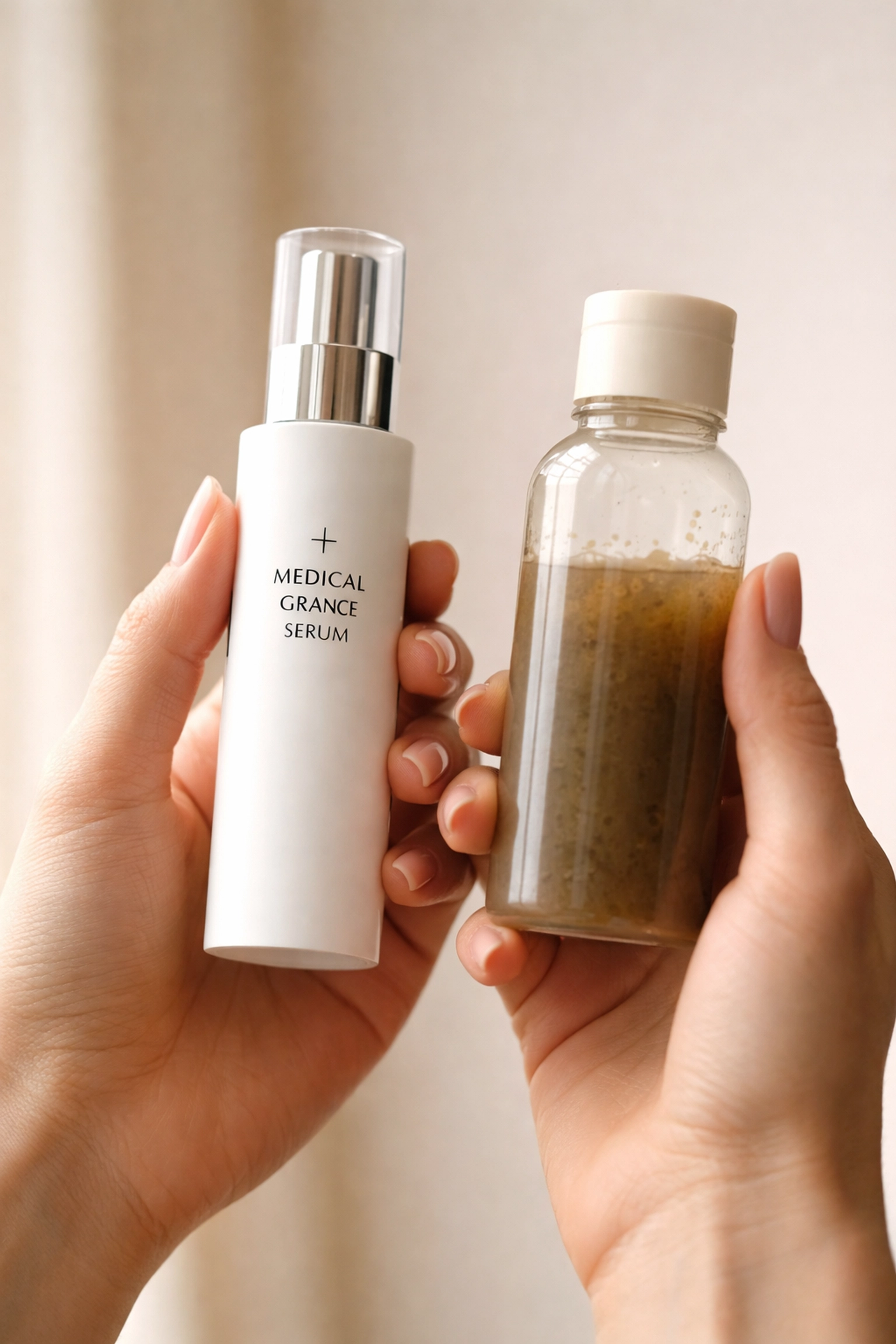 Close-up showing hands comparing safe medical-grade skincare and unsafe, unregulated skin lightening products.