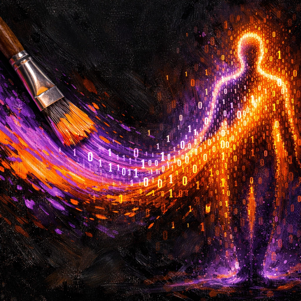 A creative paintbrush stroke turning into digital code to illustrate the fusion of art and PPC algorithm precision.