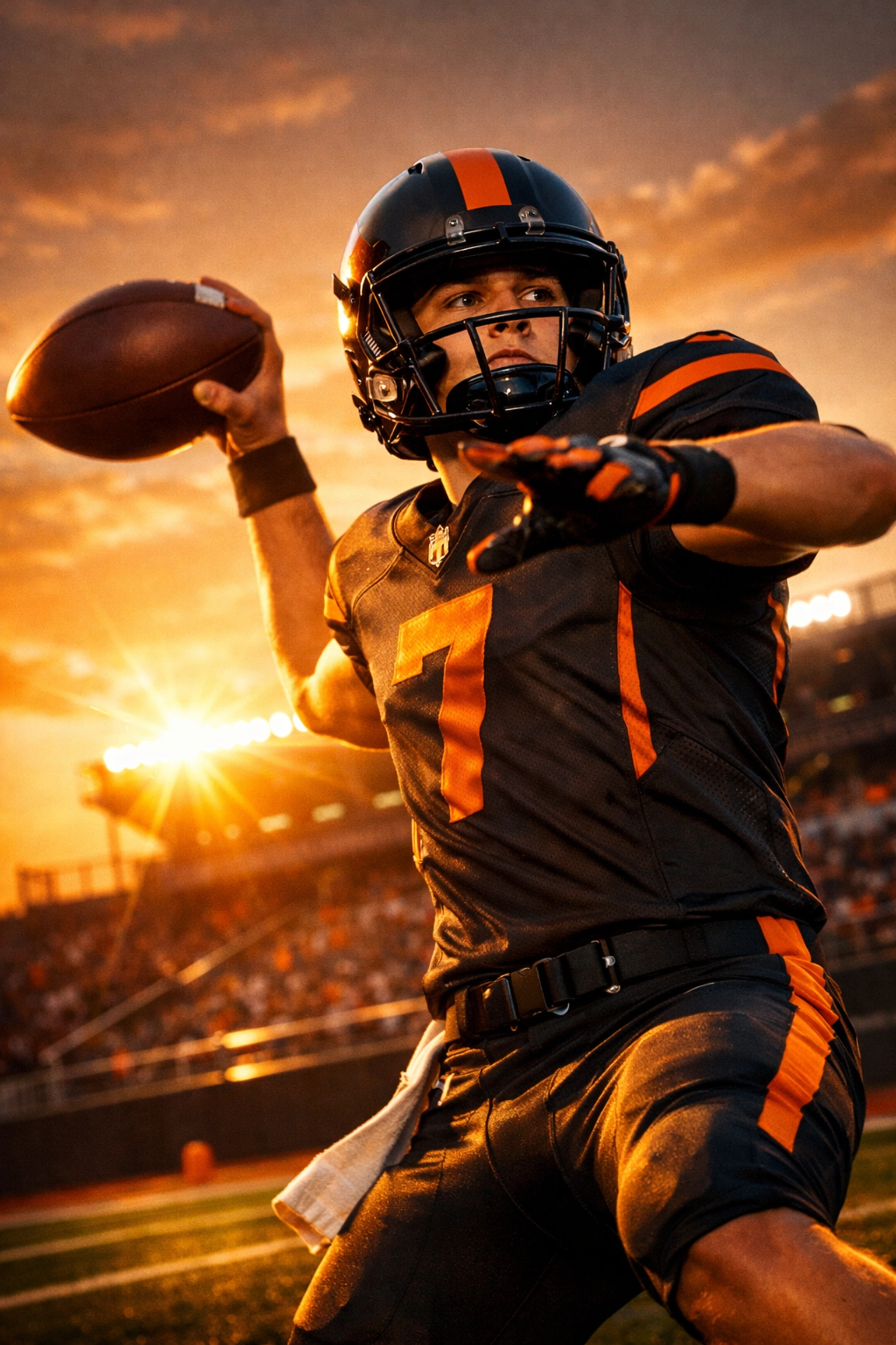 A 2029 college football quarterback prospect throwing a pass in a stadium during golden hour.