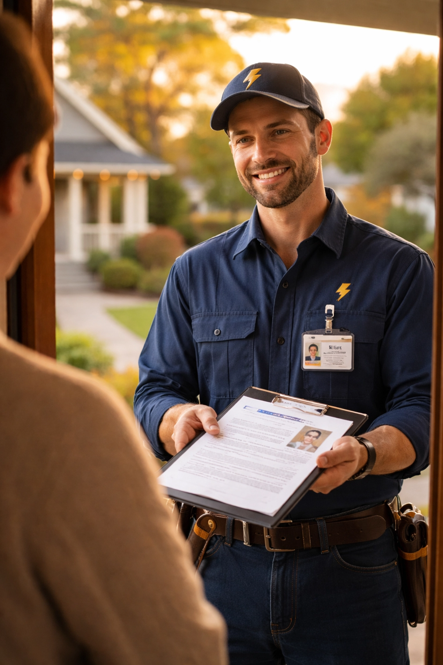Licensed Edmonton electrician showing credentials to a homeowner at the front door for trusted electrical services