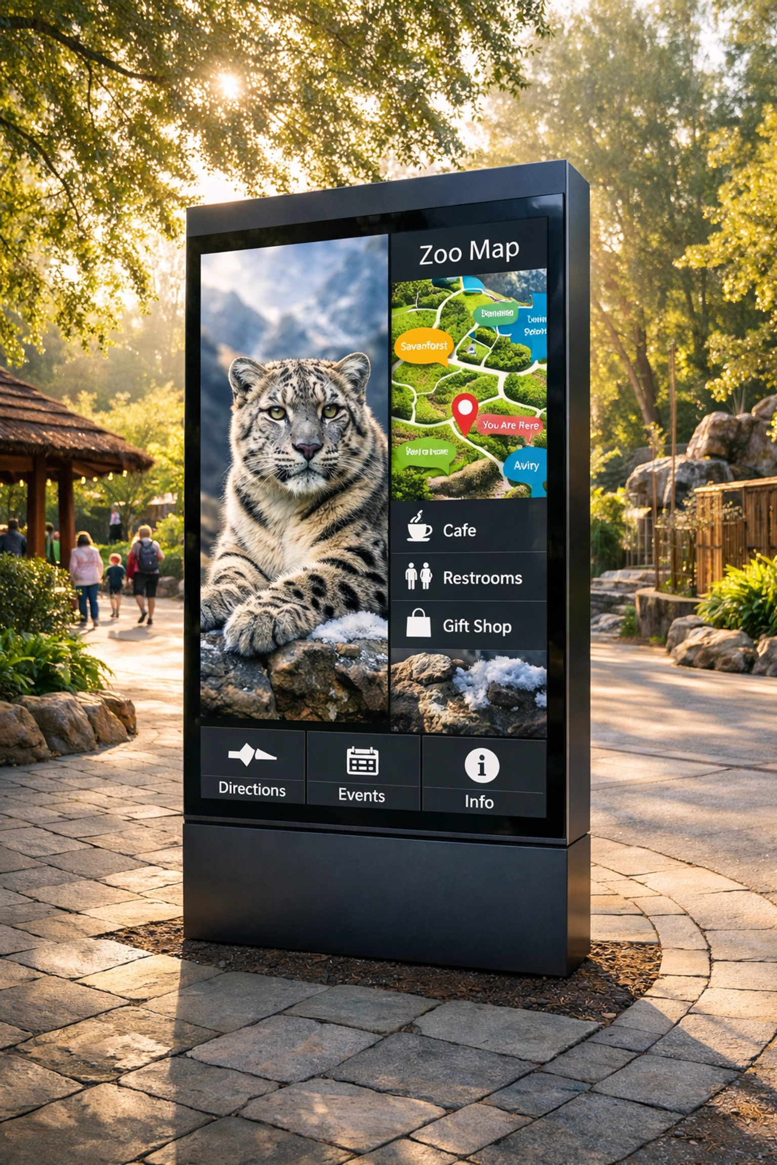Interactive digital zoo signage displaying a snow leopard image and smart visitor map.