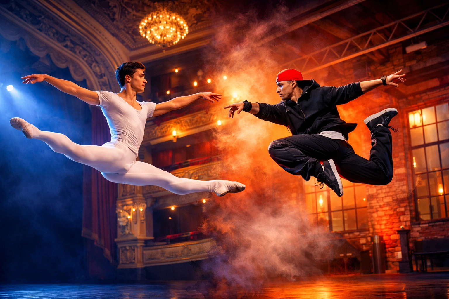 Male ballet and contemporary dancers leaping - exploring gay dance romance styles