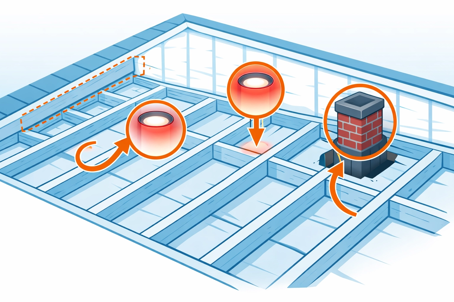 Common loft heat loss areas including joist gaps, ceiling lights, and chimney penetrations
