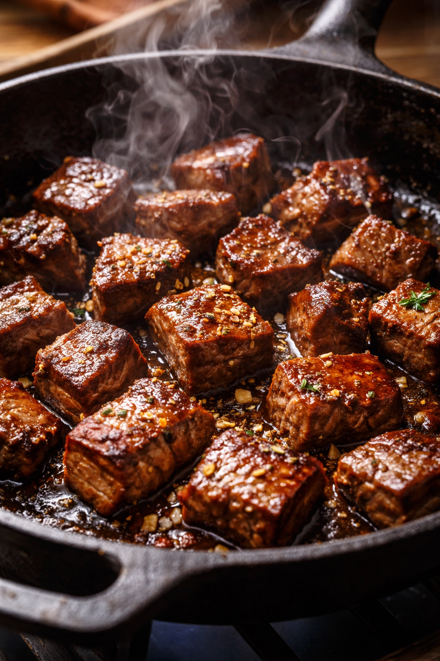 Quick 5-Ingredient Garlic Butter Steak Bites Juicy steak bites searing in a cast iron skillet, creating an easy and delicious weeknight dinner.