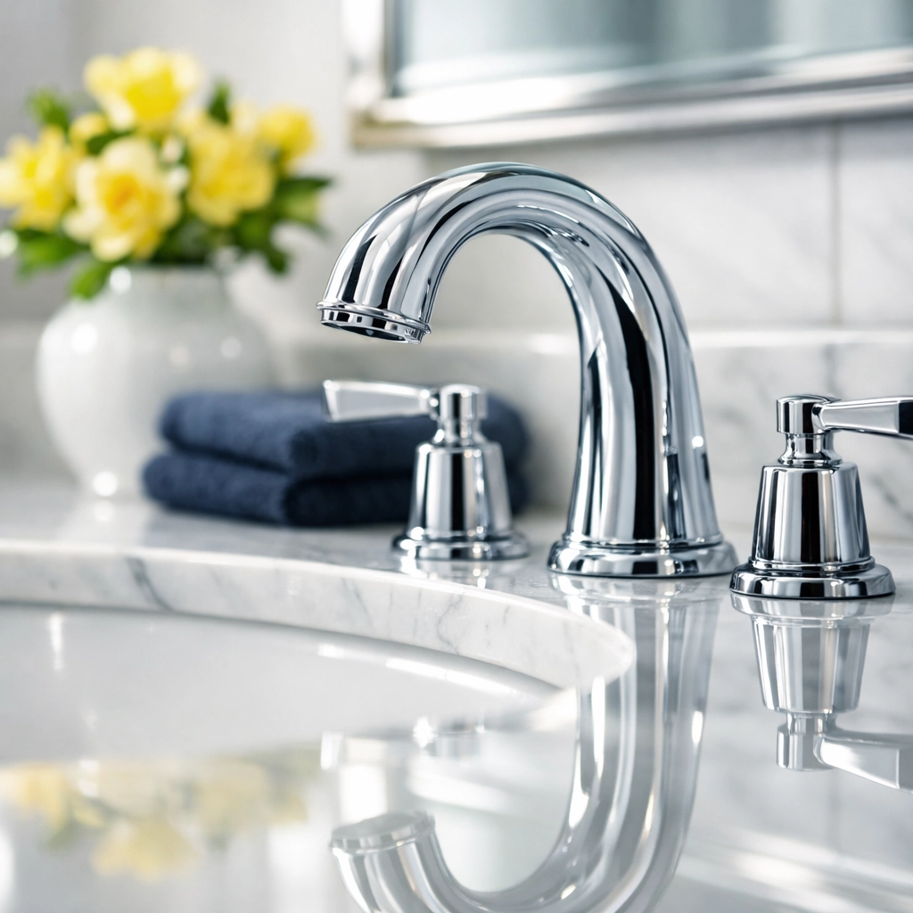 Polished marble bathroom vanity and chrome faucet highlighting house cleaning Worcester MA excellence.