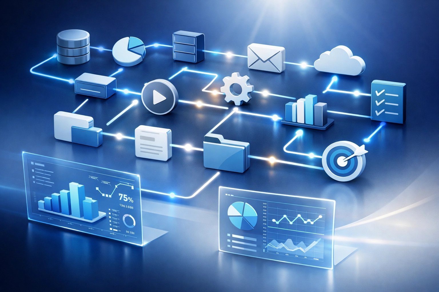 Workflow diagram showing interconnected business process automation pathways with data analytics