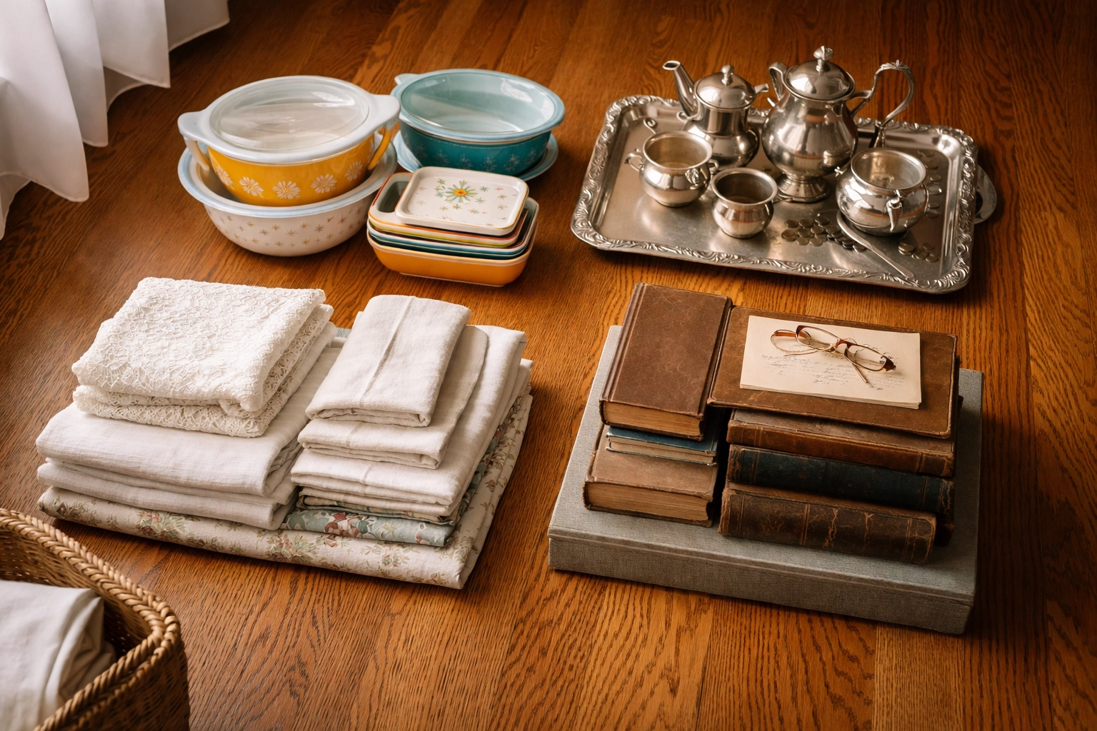 Organized piles of estate items including Pyrex dishes, silver tea set, linens, and books during a Bexley home cleanout