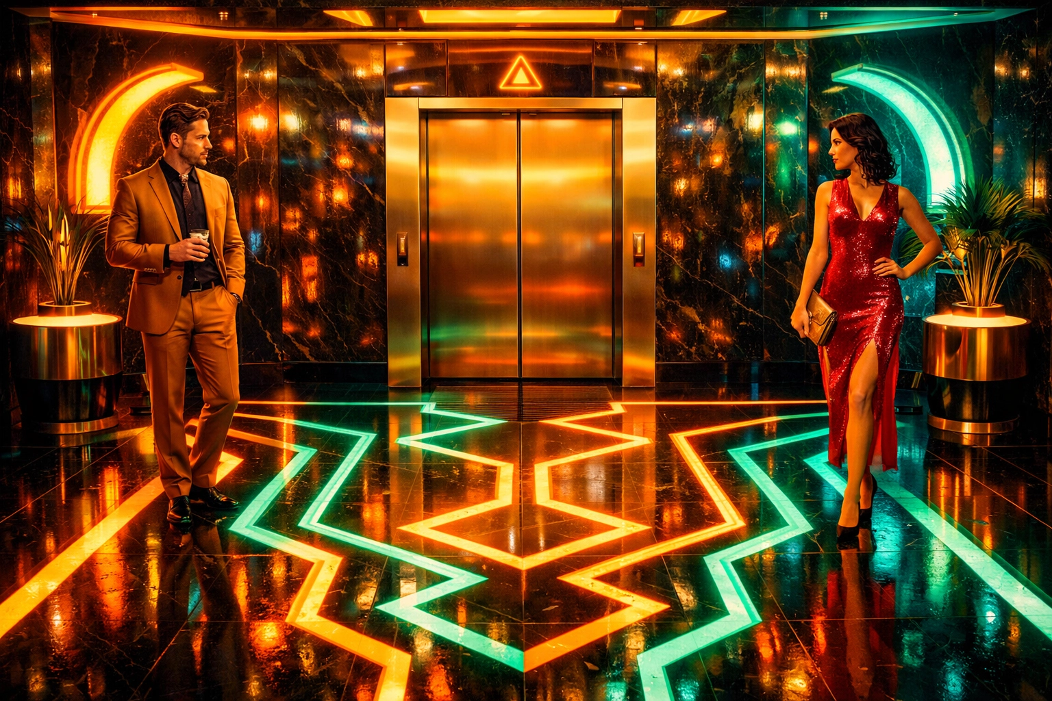 Two coworkers stand apart in a neon office lobby, representing workplace social boundaries and tension.