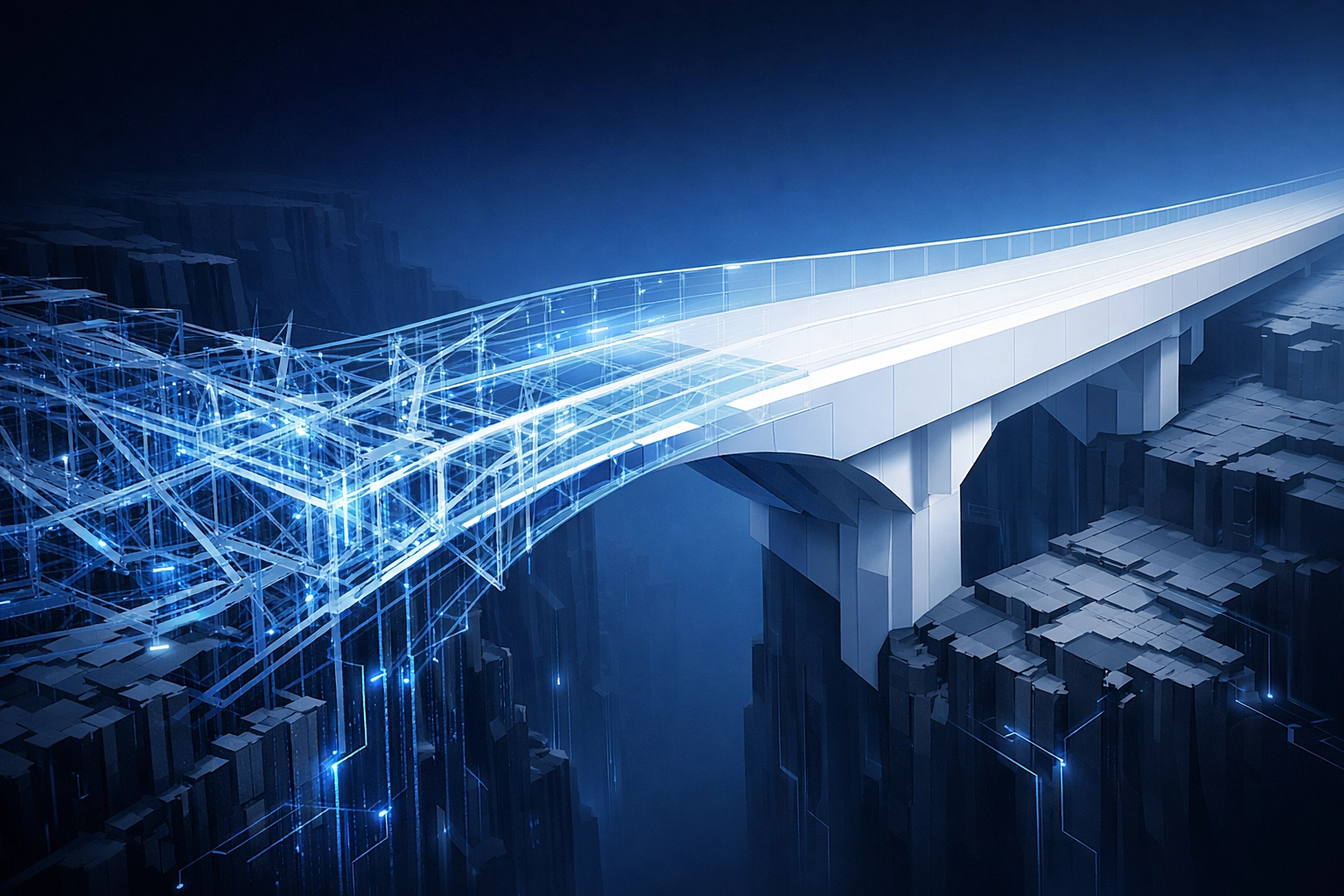 Digital bridge showing the transition from technical debt to a streamlined white-label SaaS infrastructure.