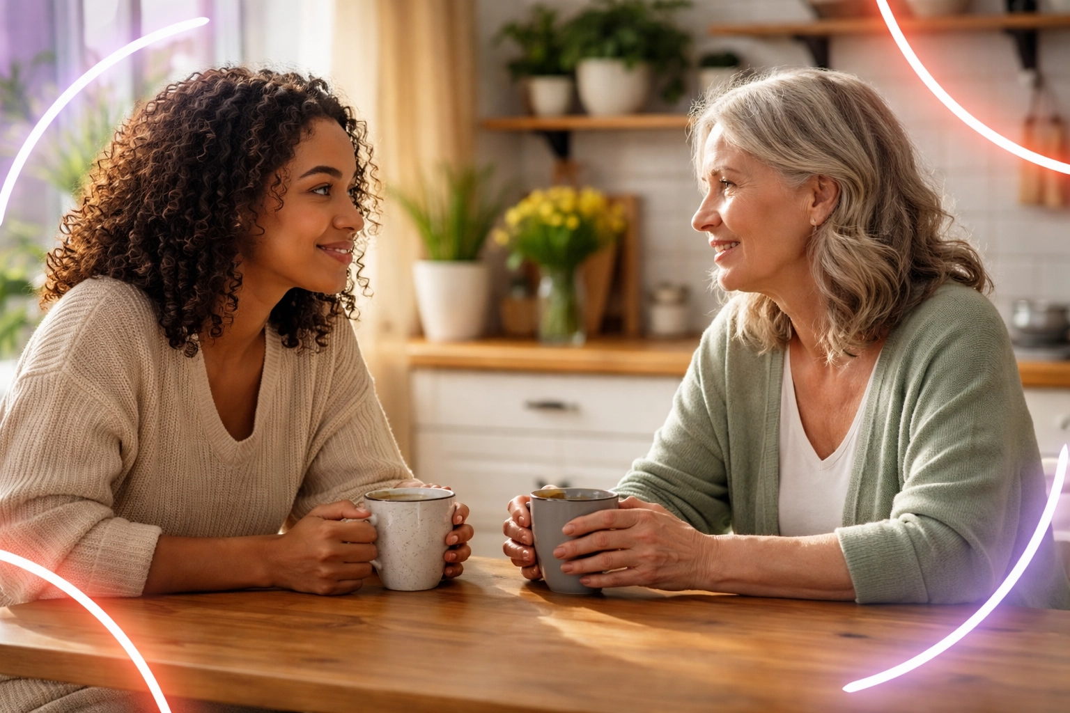 Two people having an open conversation about crossdressing at a kitchen table