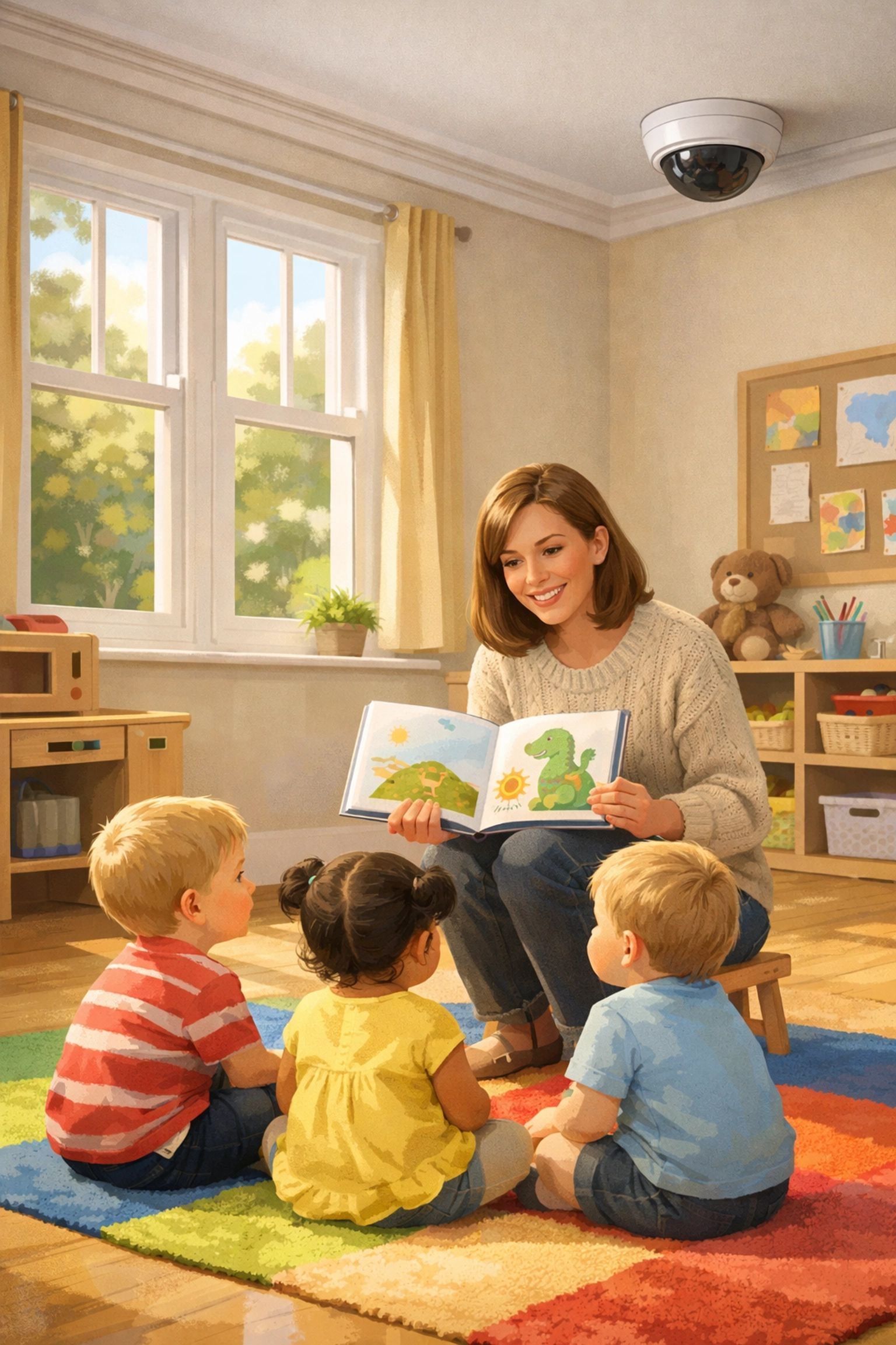 Discreet ceiling-mounted CCTV camera in a modern Gloucester nursery classroom during story time.