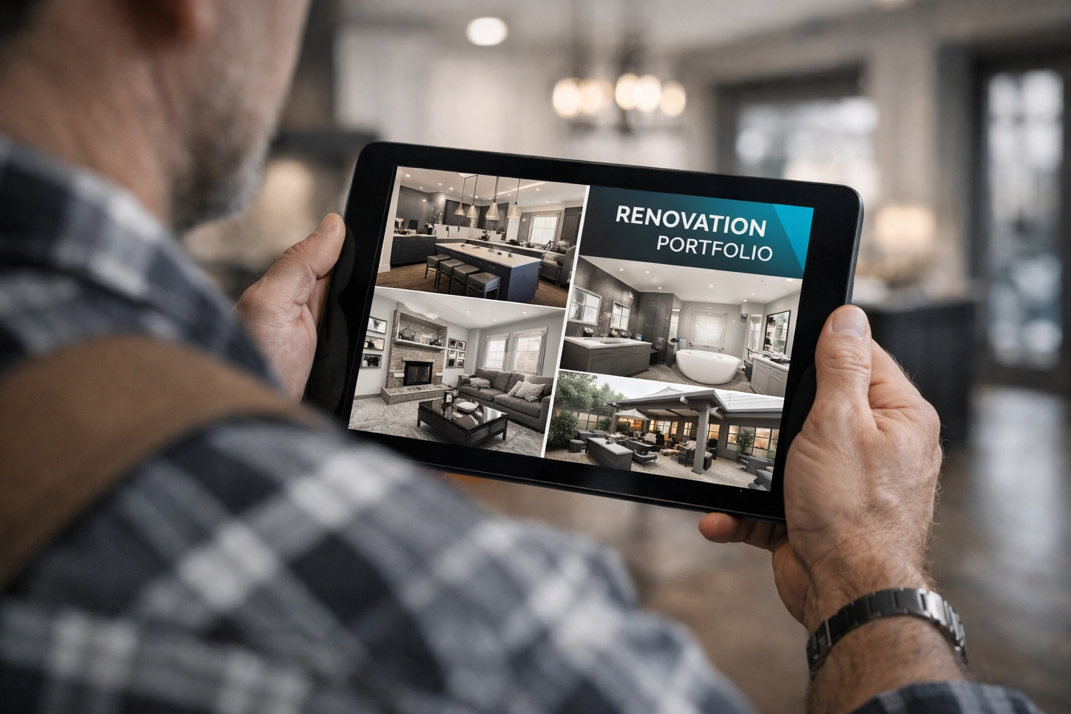 Contractor reviewing renovation portfolio on tablet for Houzz lead generation platform