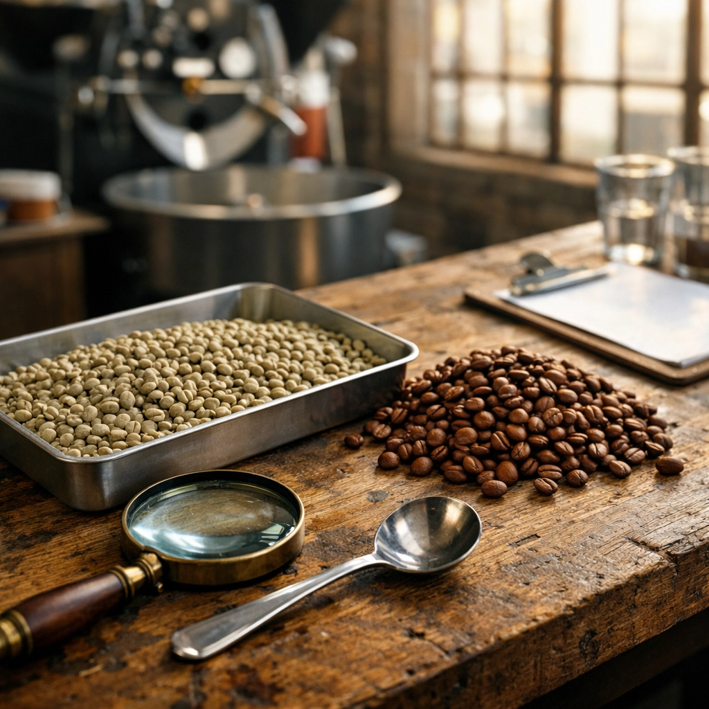 Specialty grade coffee beans at a professional lab testing and roasting workstation.