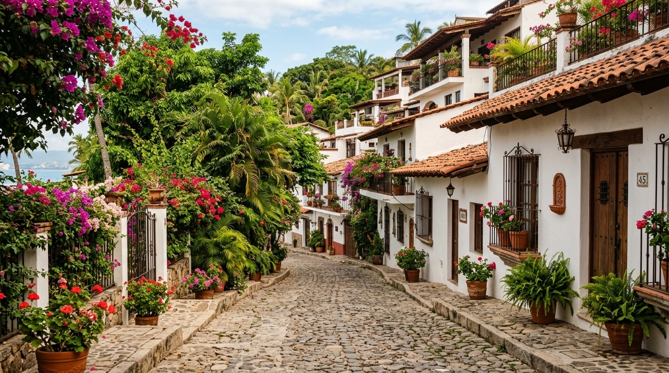 A charming cobblestone street in Amapas with lush greenery