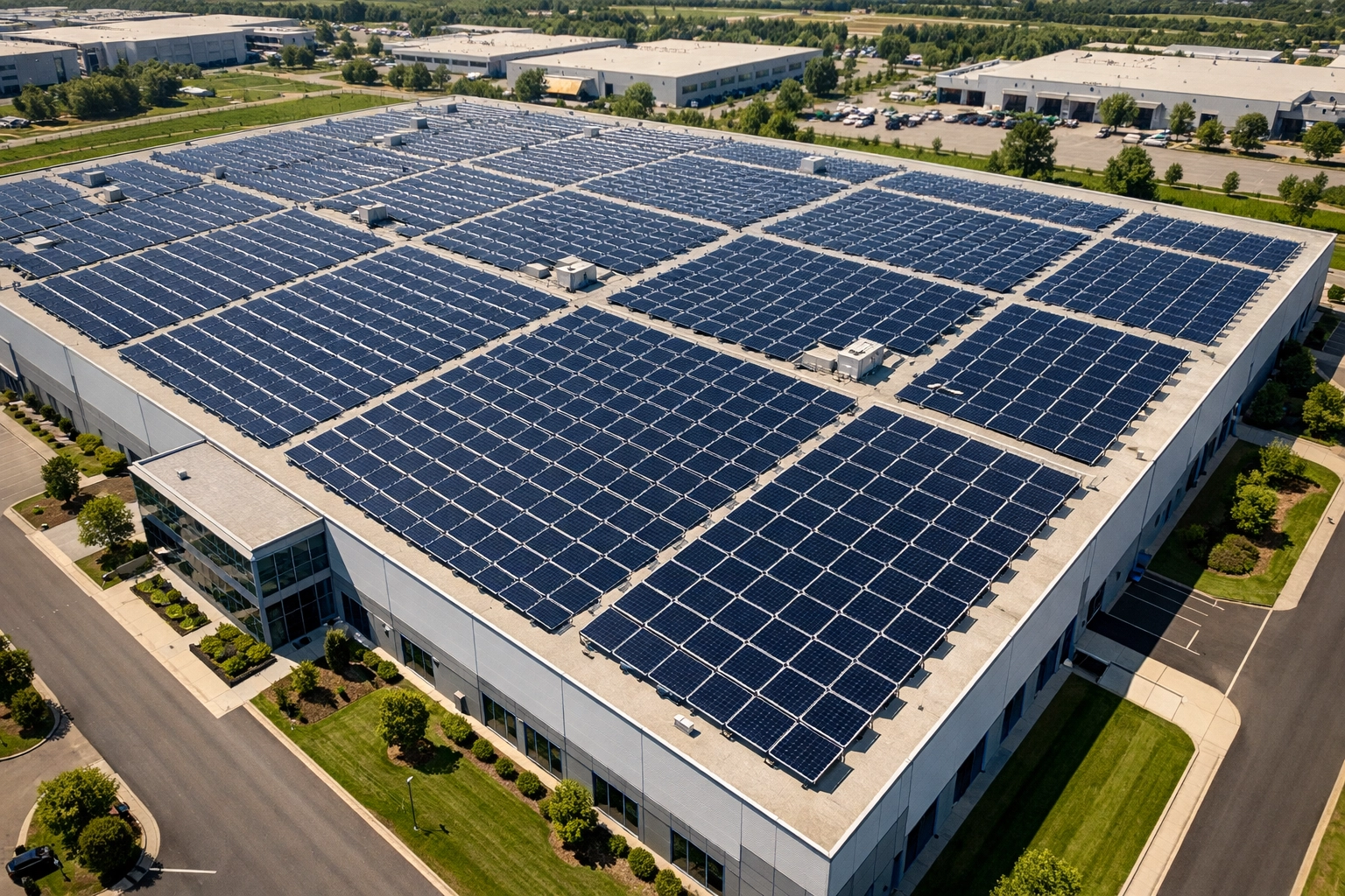 Large-scale commercial solar panel installation on a warehouse roof for business savings.