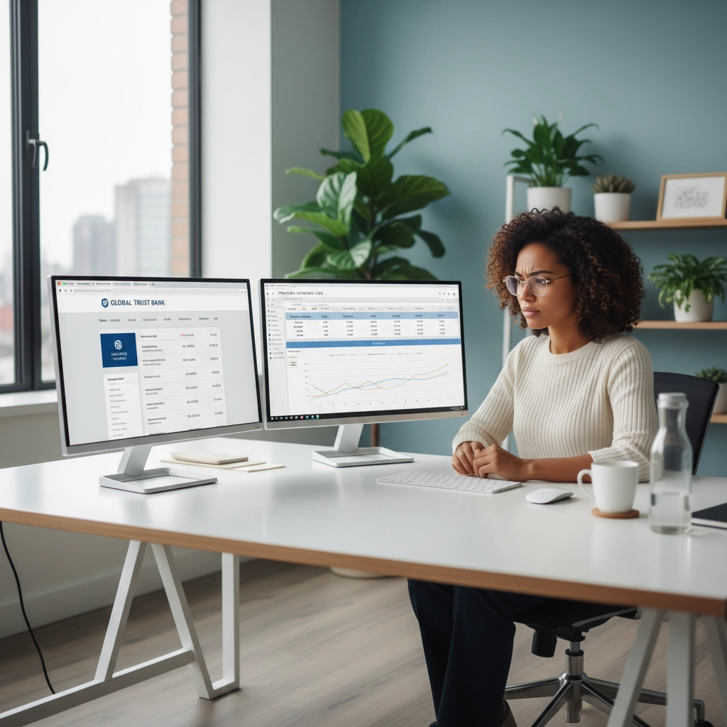 A woman looking on her computer screen confused