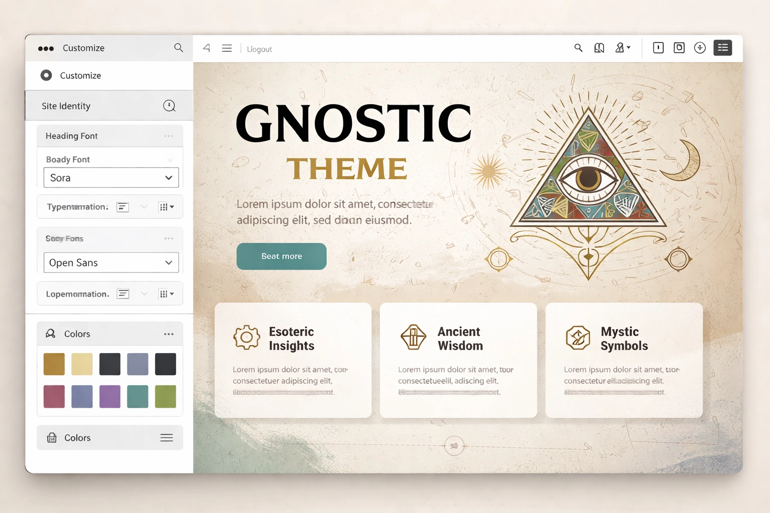 Illustration of a WordPress theme customization screen with a clean layout preview and subtle gnostic design motifs, representing Gnostic Theme WordPress.